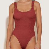 Domino Tortoiseshell Embellished Crinkle Swimsuit - Metallic Rosewood