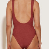 Domino Tortoiseshell Embellished Crinkle Swimsuit - Metallic Rosewood
