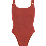 Domino Tortoiseshell Embellished Crinkle Swimsuit - Metallic Rosewood