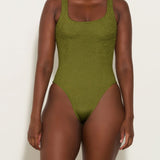 Square Neck Crinkle Swimsuit - Metallic Moss