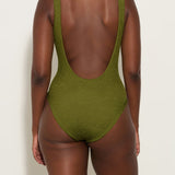 Square Neck Crinkle Swimsuit - Metallic Moss