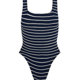 Square Neck Striped Crinkle Swimsuit - Navy/White