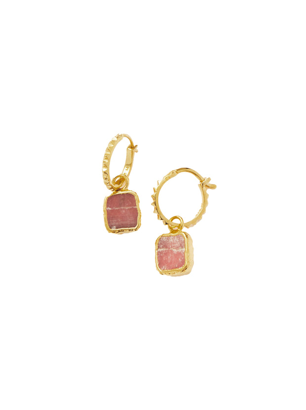 Mini Pyramid Earring Rhodochrosite Charm Hoop  - Gold