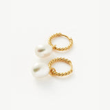 Pearl Twisted Small Drop Hoop Earrings - Gold
