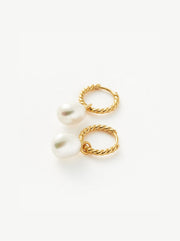 Pearl Twisted Small Drop Hoop Earrings - Gold