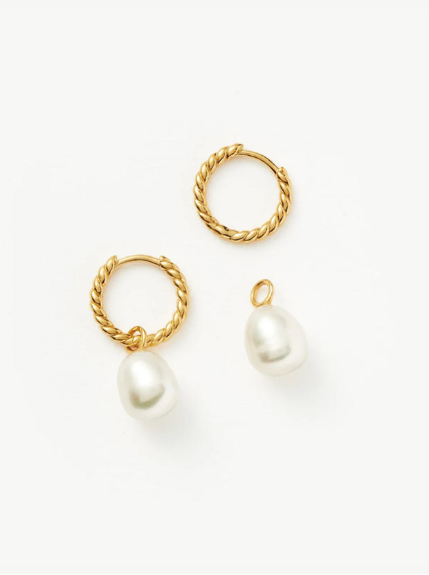 Pearl Twisted Small Drop Hoop Earrings - Gold