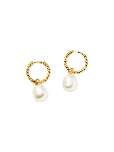 Pearl Twisted Small Drop Hoop Earrings - Gold