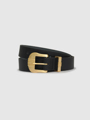 Waylon Gold Buckle Leather Belt - Black