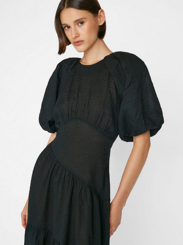 Gathered Seam Puff Sleeve Maxi Dress - Black