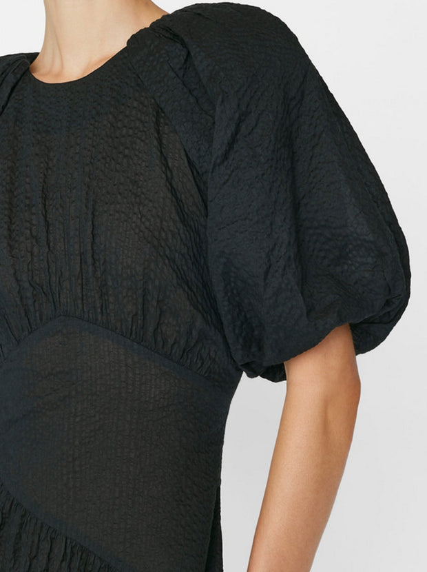 Gathered Seam Puff Sleeve Maxi Dress - Black