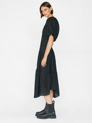 Gathered Seam Puff Sleeve Maxi Dress - Black