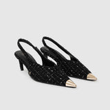 Nina Heel with Metal Toe Cap - Black and White Tweed