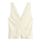Barb Lace V-Neck Tank - Creme