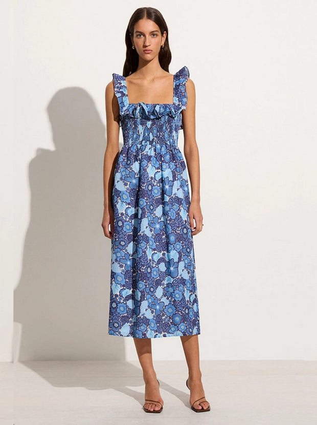 Sameera Linen Midi Dress - La Mira Floral Blue