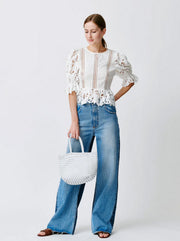 Grace Small Woven Leather Tote  - White