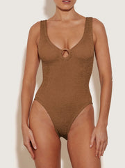 Celine Tonal Hoop Crinkle Swimsuit - Metallic Cocoa