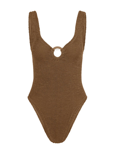 Celine Tonal Hoop Crinkle Swimsuit - Metallic Cocoa