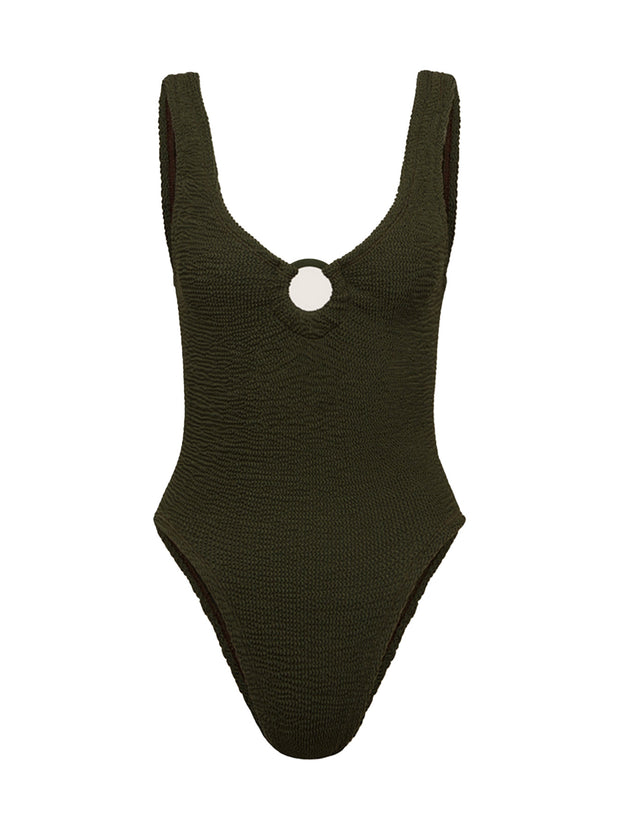 Celine Tonal Hoop Crinkle Swimsuit - Metallic Khaki