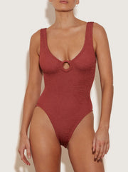 Celine Tonal Hoop Crinkle Swimsuit - Metallic Rosewood