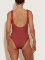 Celine Tonal Hoop Crinkle Swimsuit - Metallic Rosewood