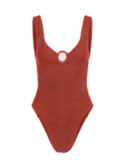 Celine Tonal Hoop Crinkle Swimsuit - Metallic Rosewood