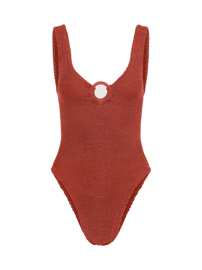 Celine Tonal Hoop Crinkle Swimsuit - Metallic Rosewood