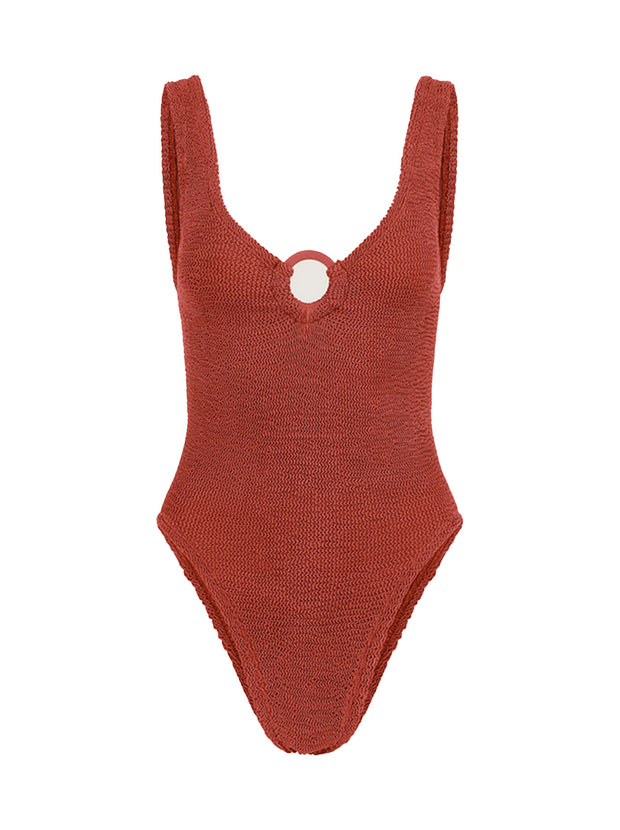 Celine Tonal Hoop Crinkle Swimsuit - Metallic Rosewood