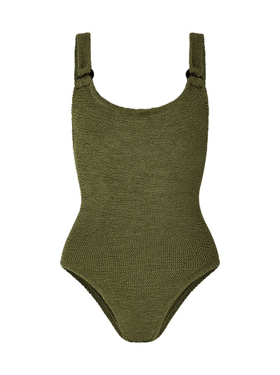 Domino Tortoiseshell Embellished Crinkle Swimsuit - Metallic Moss