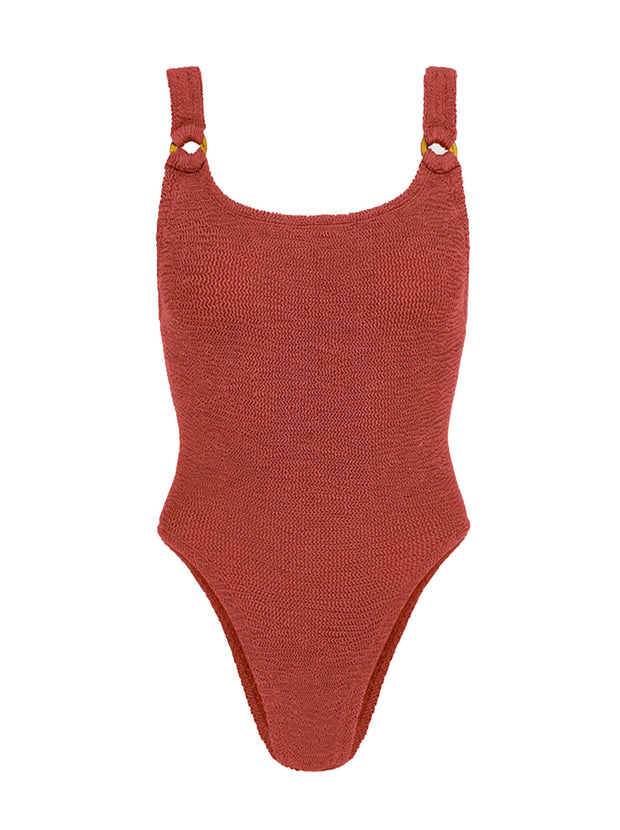 Domino Tortoiseshell Embellished Crinkle Swimsuit - Metallic Rosewood