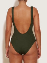 Square Neck Crinkle Swimsuit - Metallic Khaki