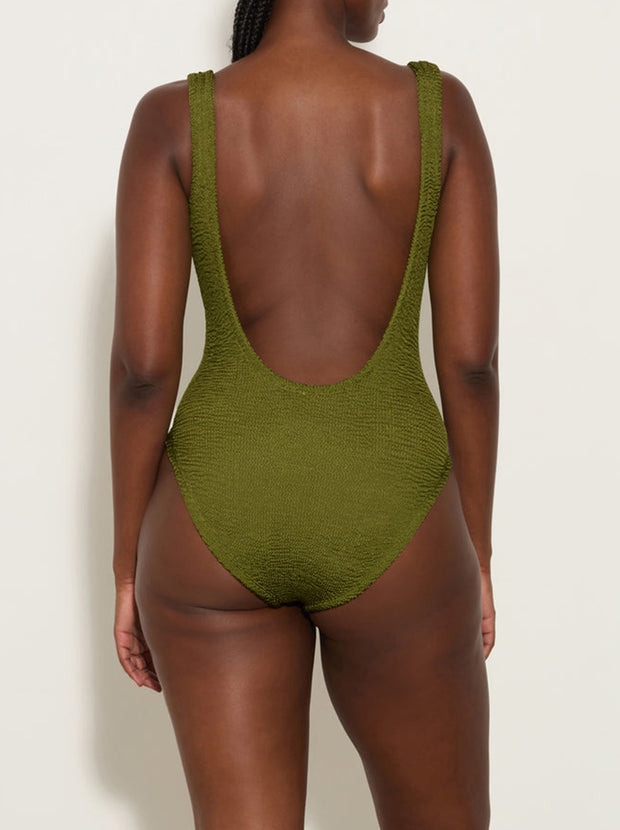 Square Neck Crinkle Swimsuit - Metallic Moss