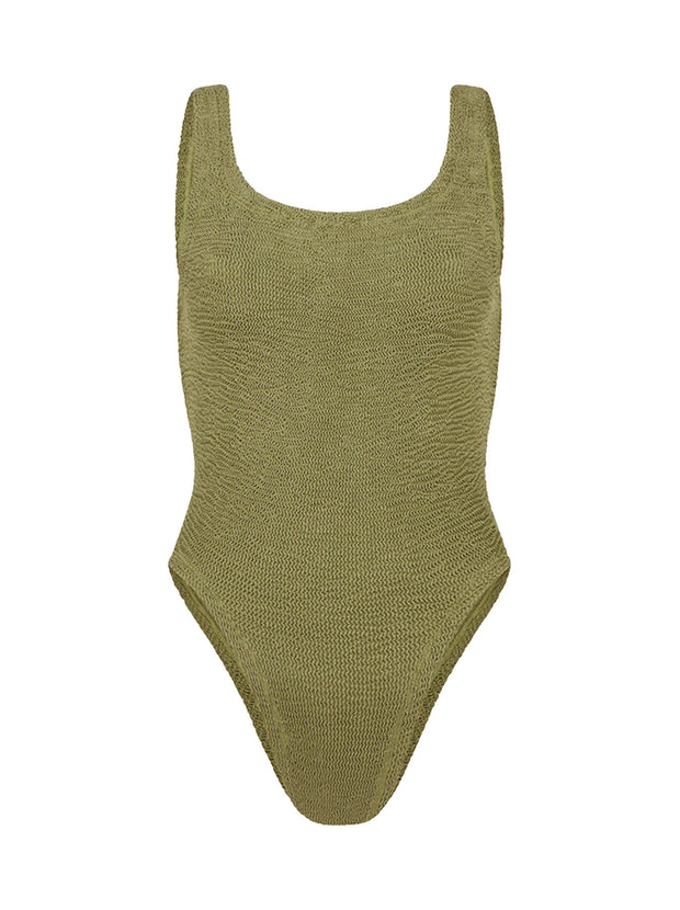 Square Neck Crinkle Swimsuit - Metallic Moss