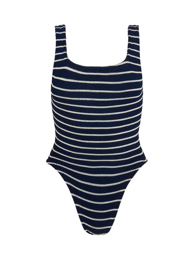 Square Neck Striped Crinkle Swimsuit - Navy/White