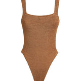 Square Neck Crinkle Swimsuit - Metallic Cocoa