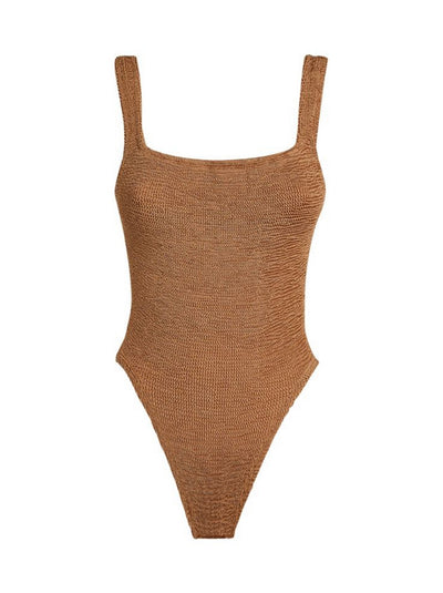 Square Neck Crinkle Swimsuit - Metallic Cocoa