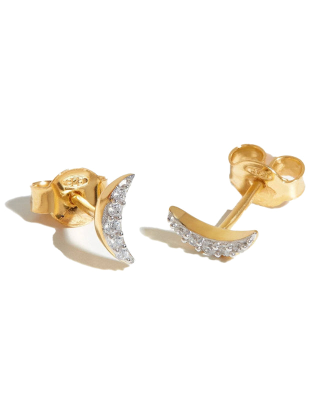 Celestial Pave Moon Clear Stud Earrings - Gold