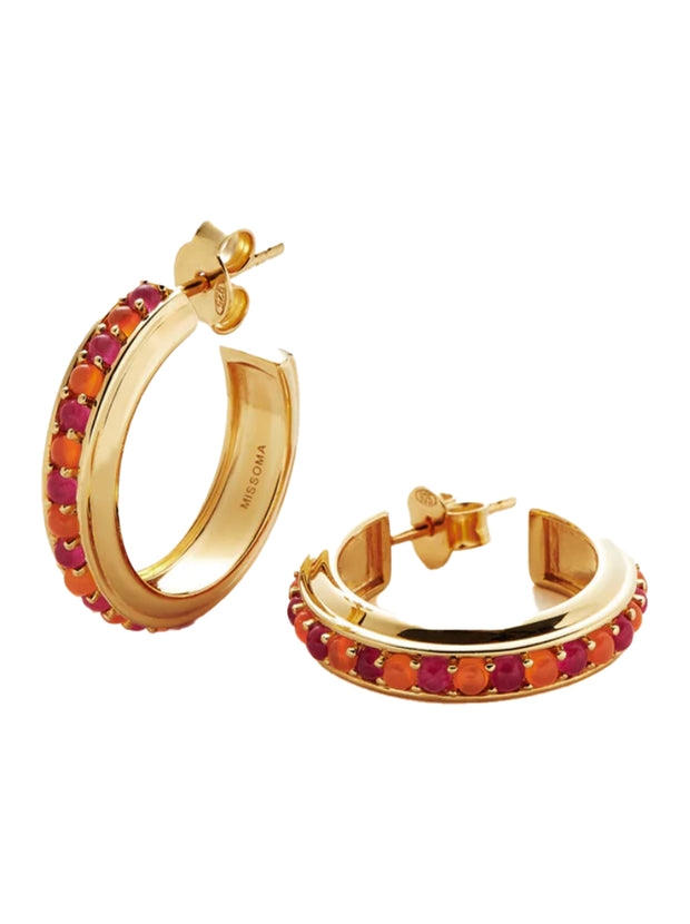 Hot Rox Earring Pink Gemstone Medium Hoop - Gold / Pink Quartz / Peach Chalcedony