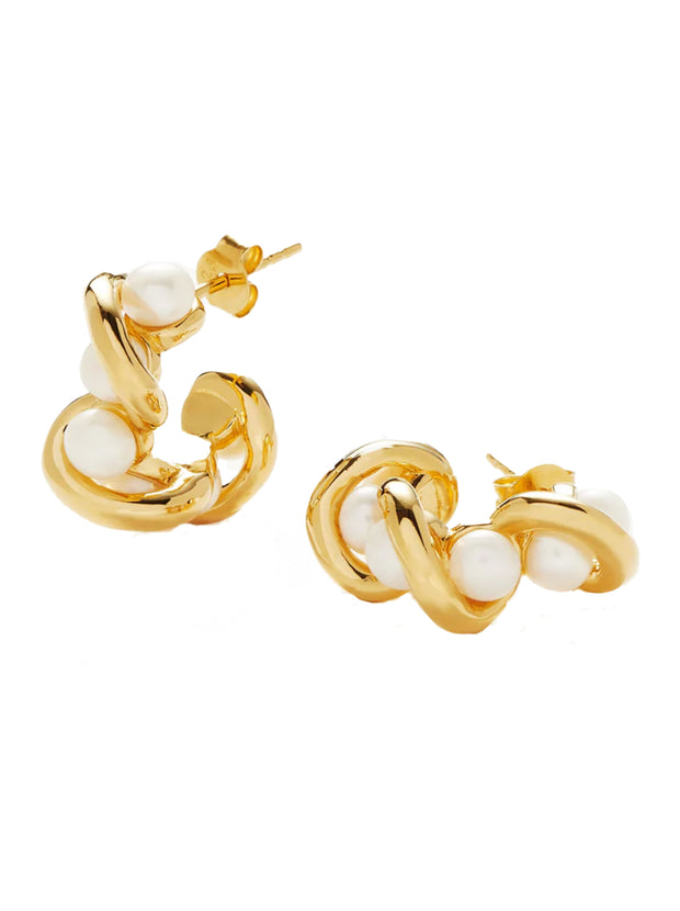 Molten Twisted Mini Double Hoop Earrings - Gold / Pearl
